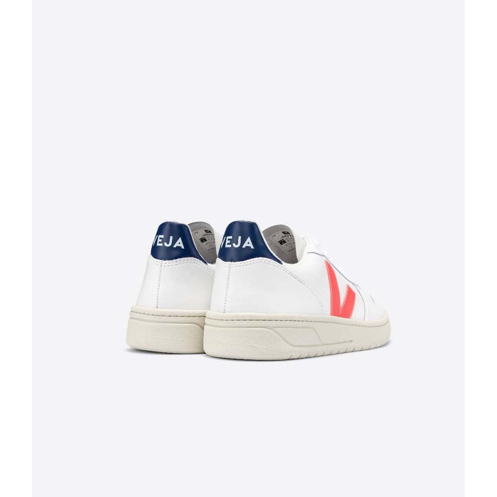 Veja V-10 LEATHER Tornacipő Női White/Orange/Blue | HU 646JPQ